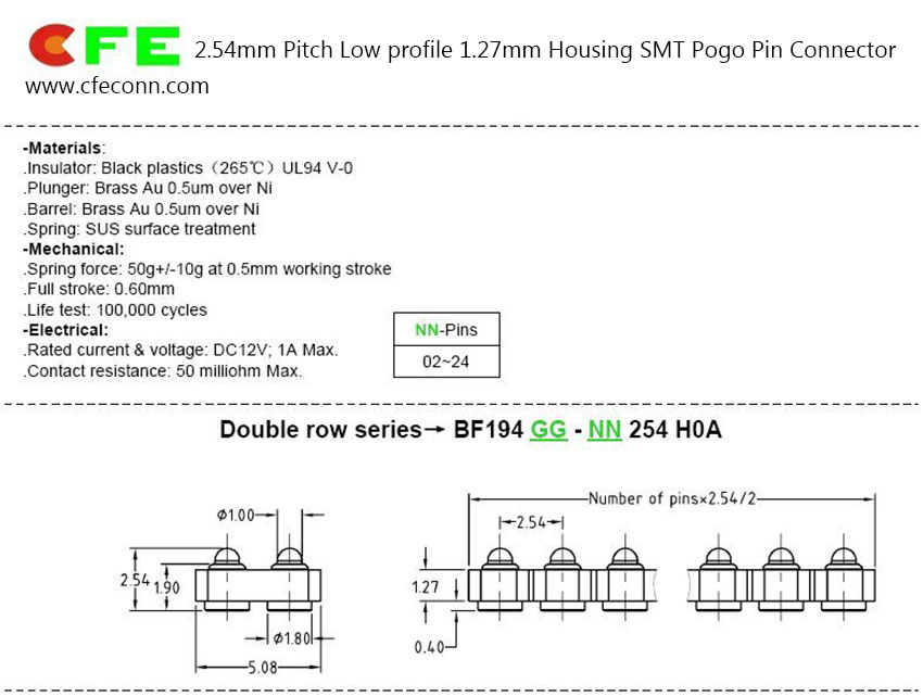 2.54mm Pitch Low profile 1.27mm Housing SMT Pogo Pin Connector