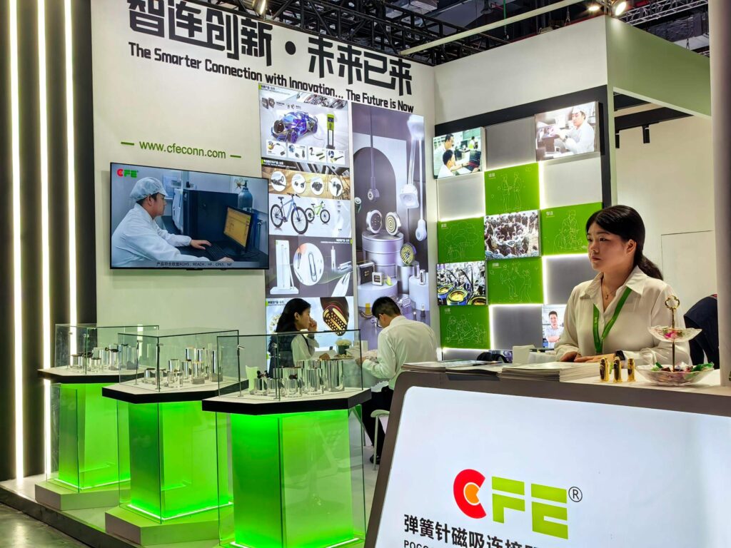 pogopin, pogopin connector, magnetic pogopin connector. The picture shows the exhibitors at the CFE Electronica China 2023.